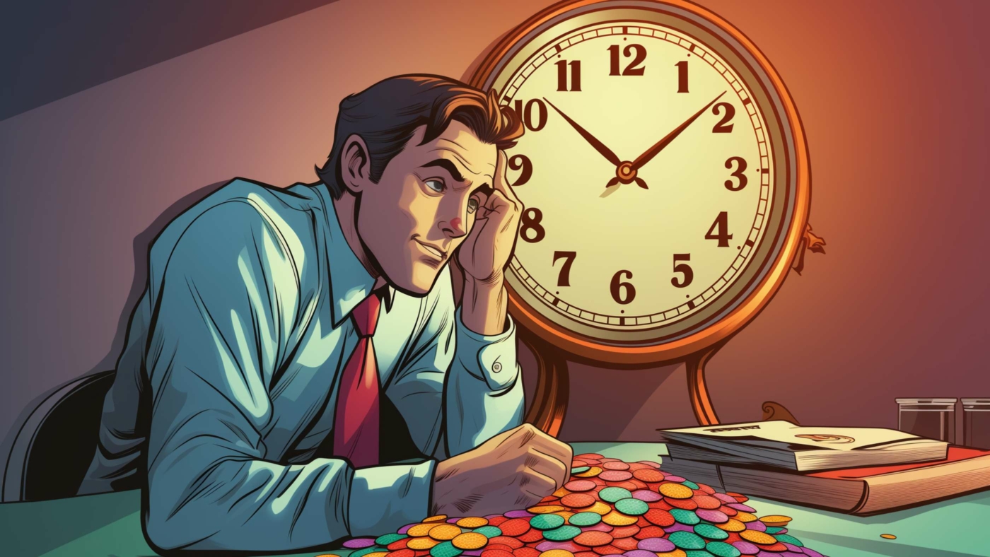 Indacloud. Image Of Man Looking At A Clock With Jelly Beans In 7Cb9551B 8Fdf 4206 81E4 5C1F6Eb18Dfd