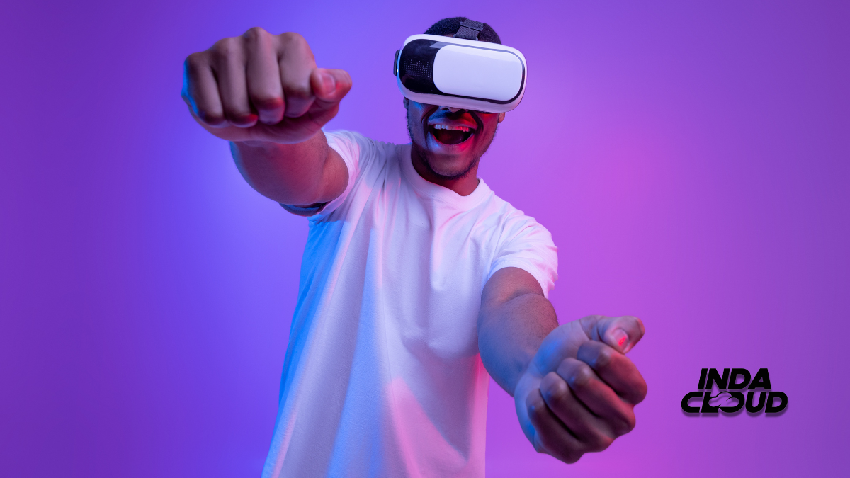Man with VR headset enjoying gaming, Indacloud logo visible.